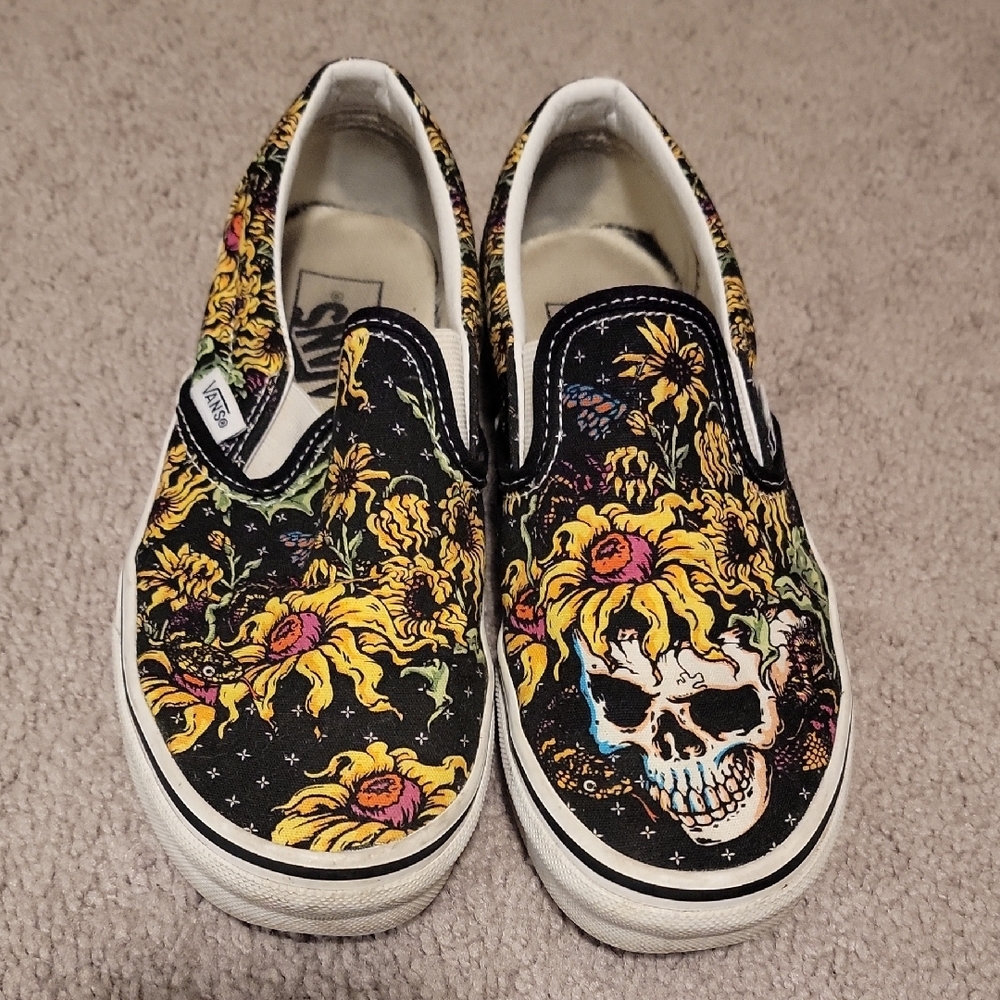 Vans Skull and Sunflower Slip-On Shoes - Black and Yellow
